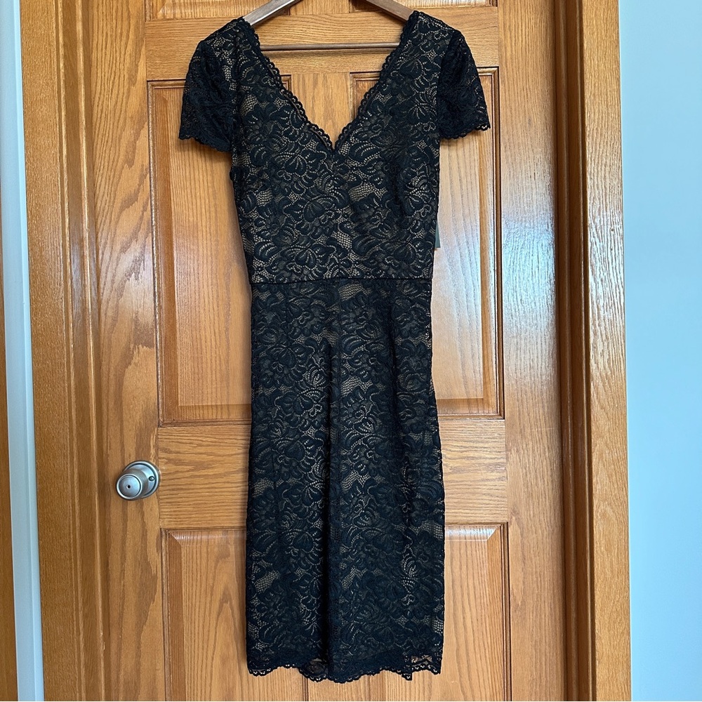 Black lace dress with nude lining from laundry by Shelli Segal